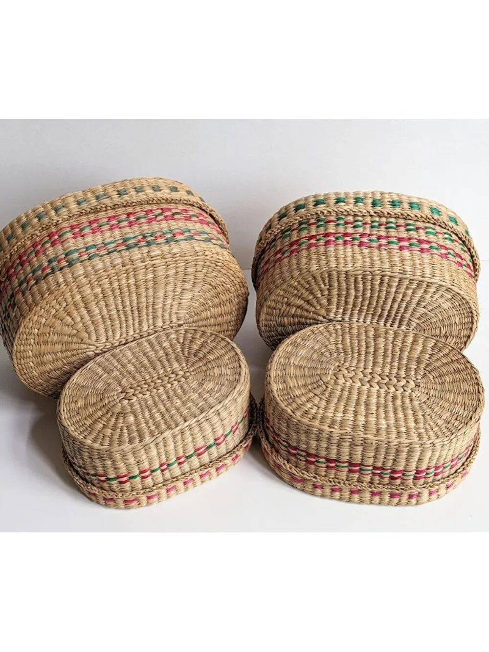Vtg Sweet Grass Oval Nesting / Stacking Baskets Small Lidded Storage Boxes Set
